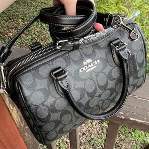 COACH Rowan Satchel Bag Graphite/Black Signature Canvas w Silver Hardware NWT